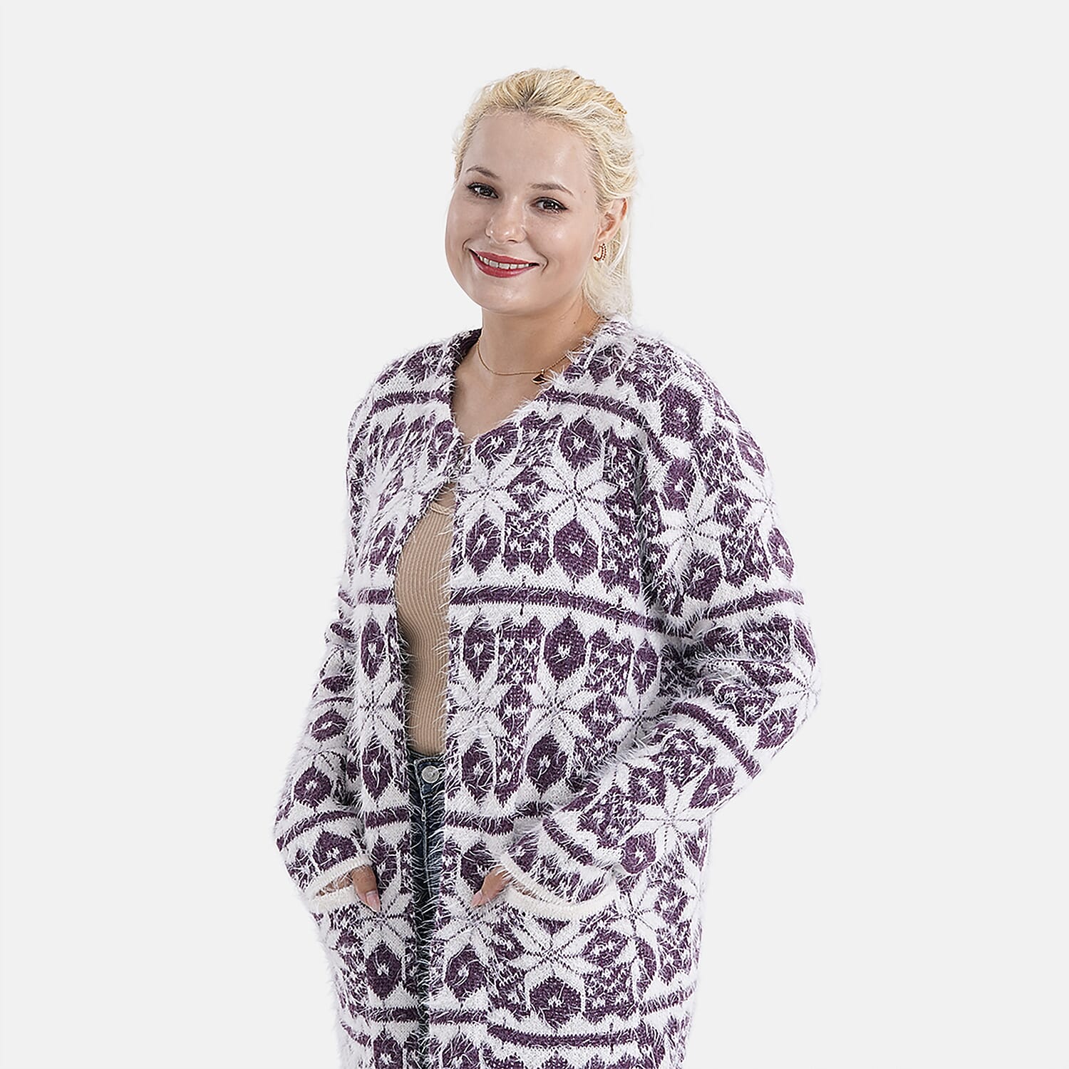 Tamsy Eyelash Coatigan with Pockets (Fit 8 to 20) - Purple & White