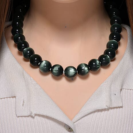 Green Coloured Cats Eye Style Necklace with Lobster Clasp (Size 18 - 2 Ext) 340.00 Ct.