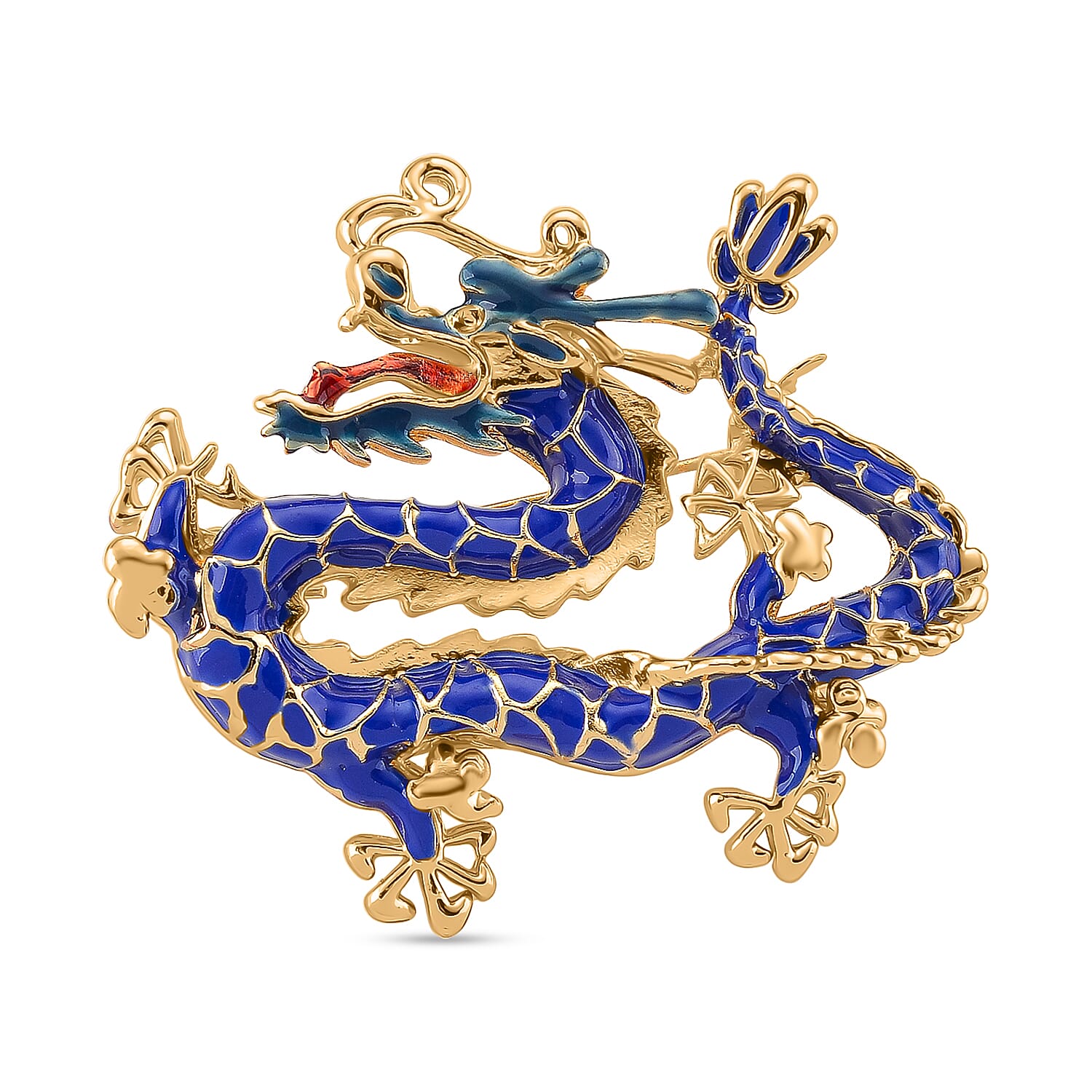 Dragon Blue Enamelled Brooch in Yellow Gold Colour Tone