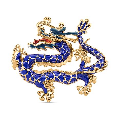 Dragon Blue Enamelled Brooch in Yellow Gold Colour Tone