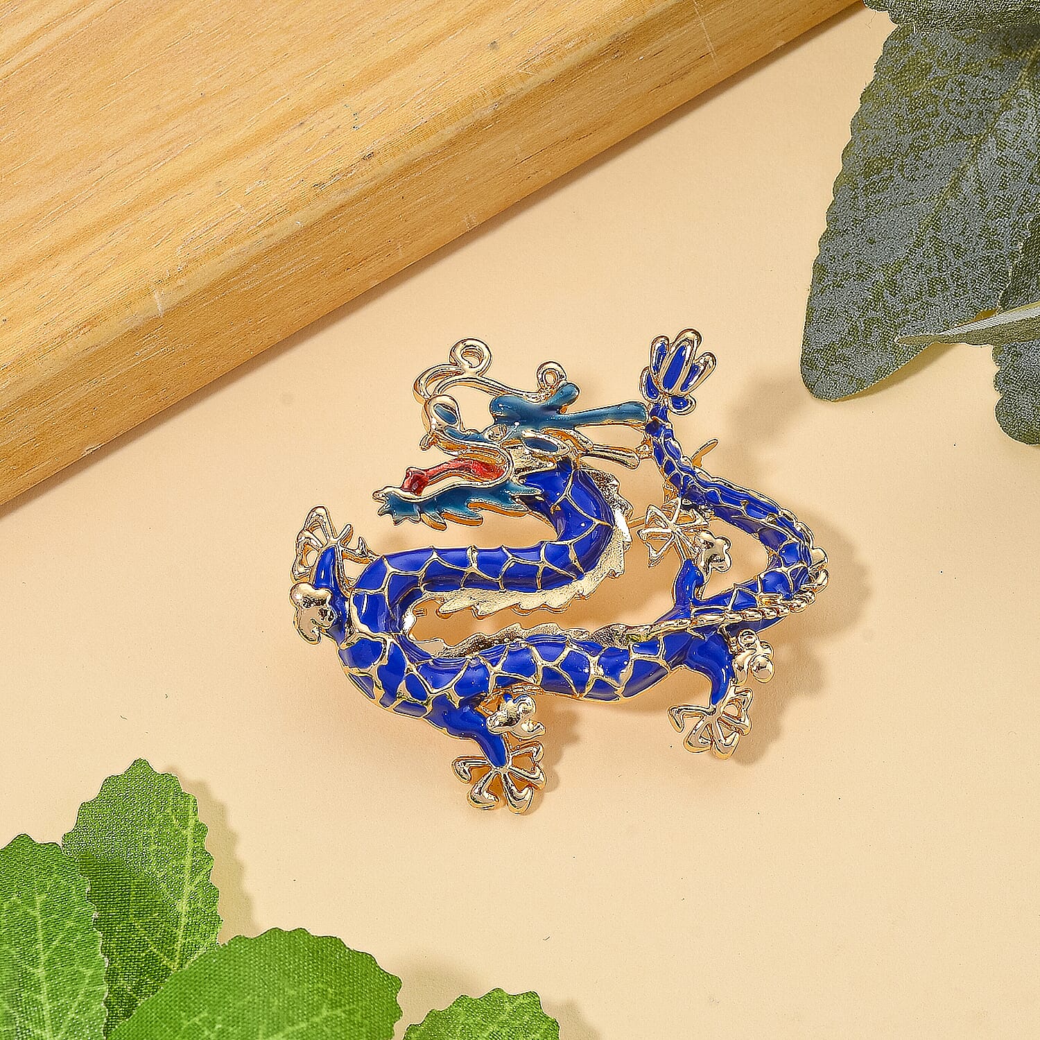 Dragon Blue Enamelled Brooch in Yellow Gold Colour Tone
