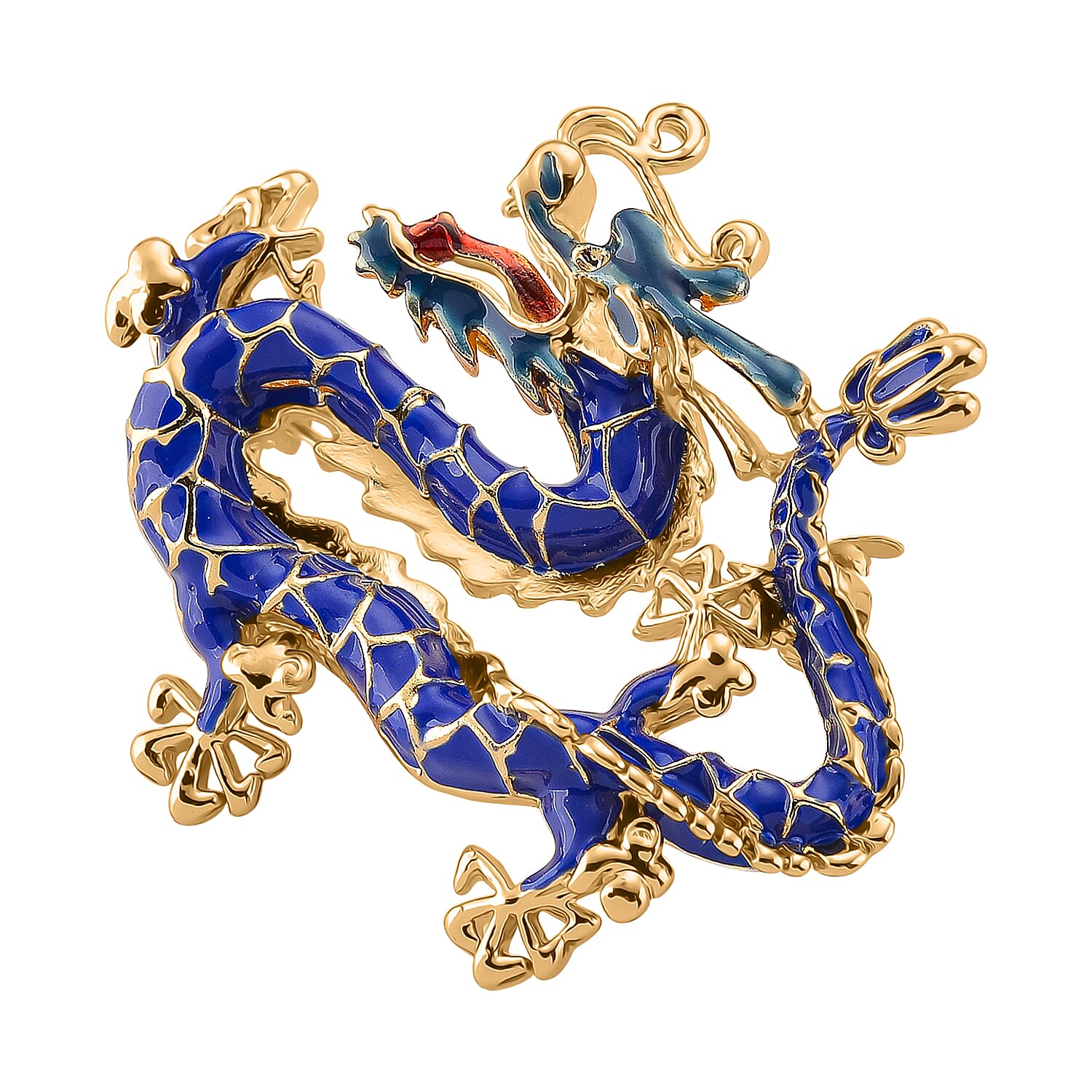 Dragon Blue Enamelled Brooch in Yellow Gold Colour Tone