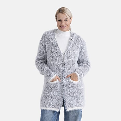 Tamsy Plush Winter Hooded Cardigan with Pockets (Free Size 8-20) - Grey and White