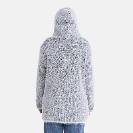 Tamsy Plush Winter Hooded Cardigan with Pockets (Free Size 8-20) - Grey and White