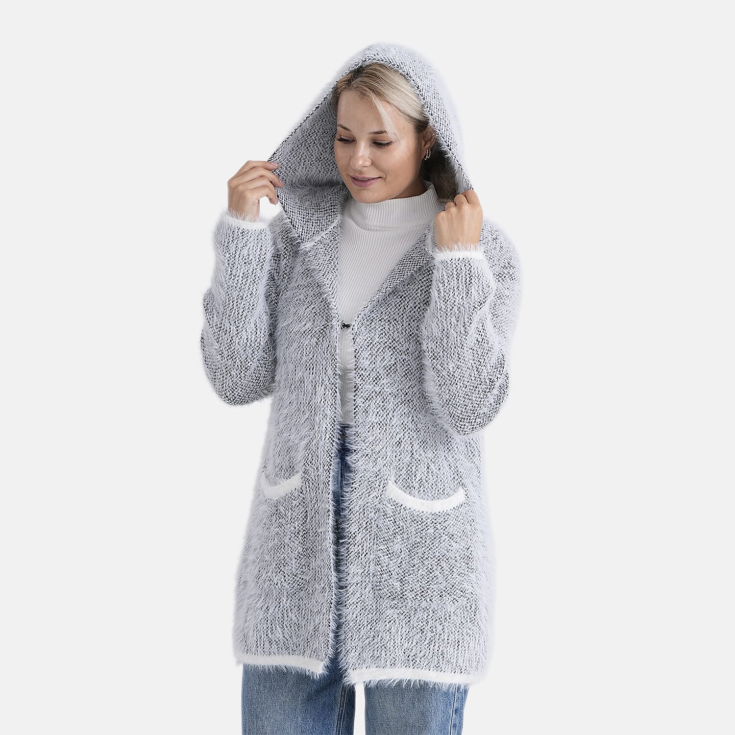 Tamsy Plush Winter Hooded Cardigan with Pockets (Free Size 8-20) - Grey and White