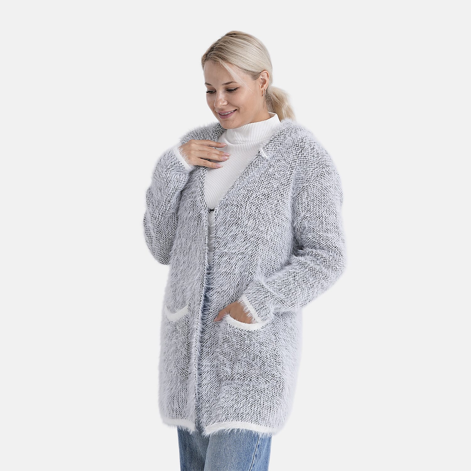 Tamsy Plush Winter Hooded Cardigan with Pockets (Free Size 8-20) - Grey and White
