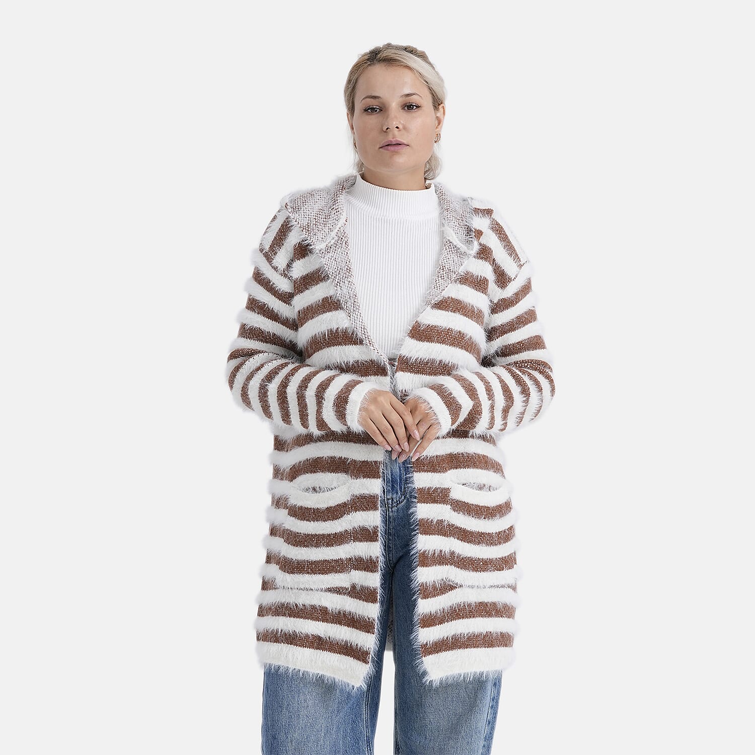 Tamsy Plush Winter Hooded Cardigan with Pockets (Free Size 8-20) - Brown and White
