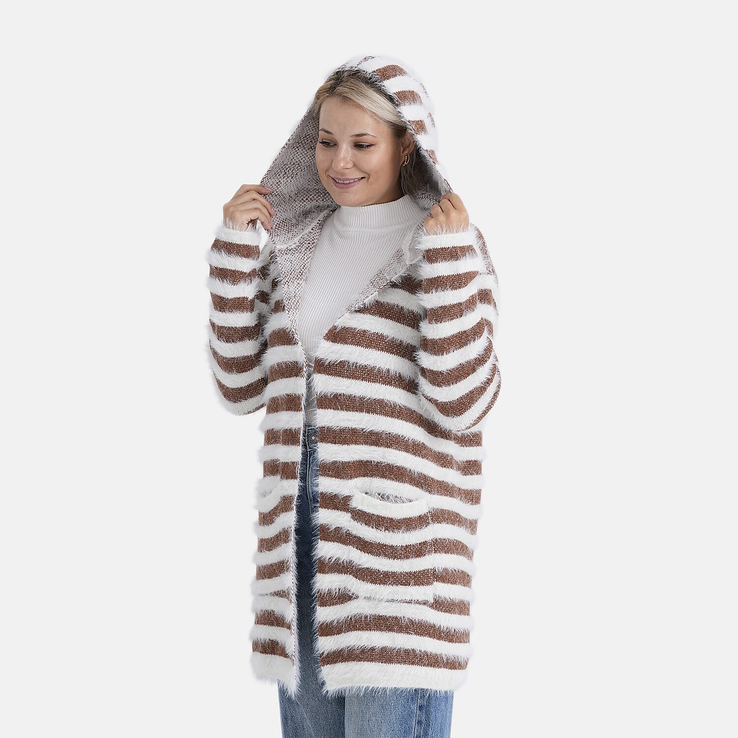 Tamsy Plush Winter Hooded Cardigan with Pockets (Free Size 8-20) - Brown and White