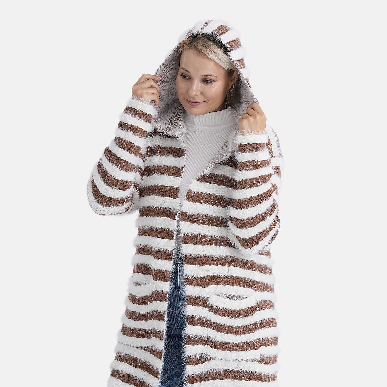 Tamsy Plush Winter Hooded Cardigan with Pockets (Free Size 8-20) - Brown and White