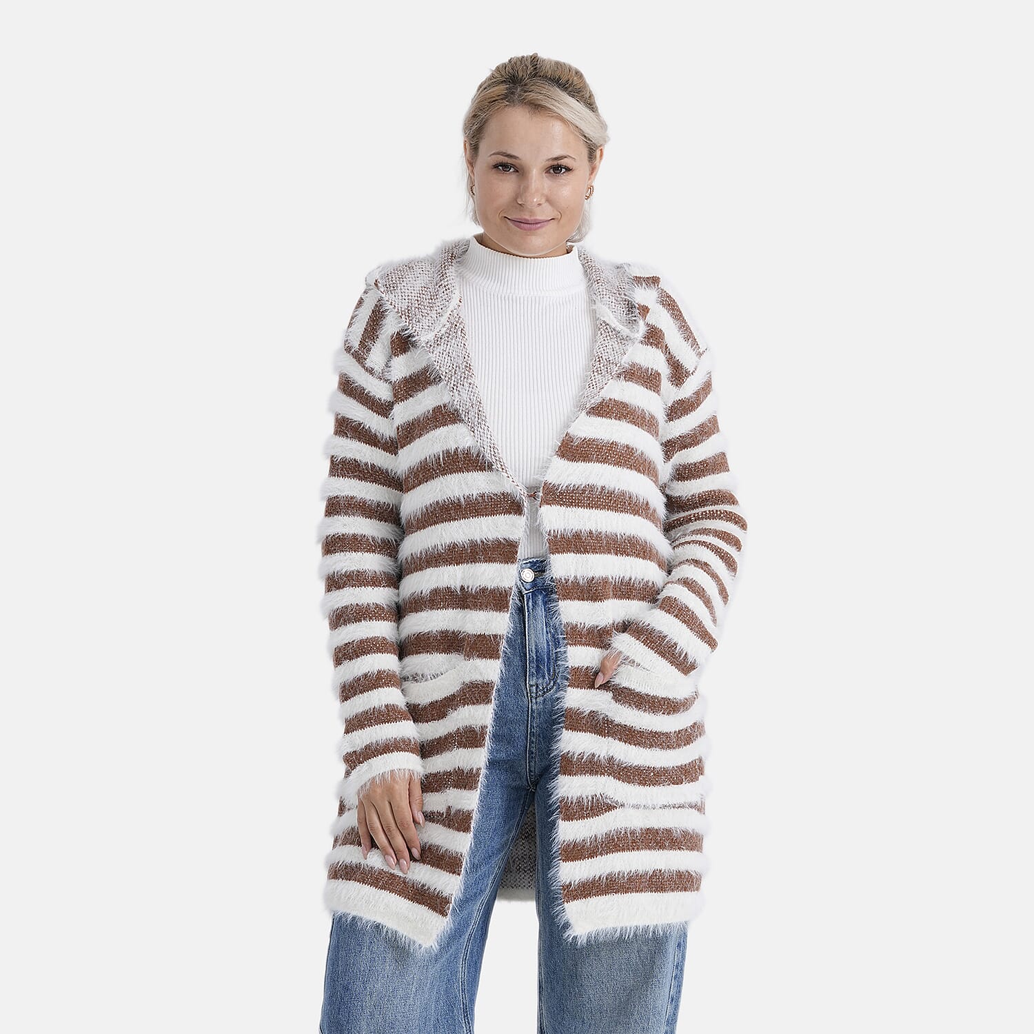 Tamsy Plush Winter Hooded Cardigan with Pockets (Free Size 8-20) - Brown and White
