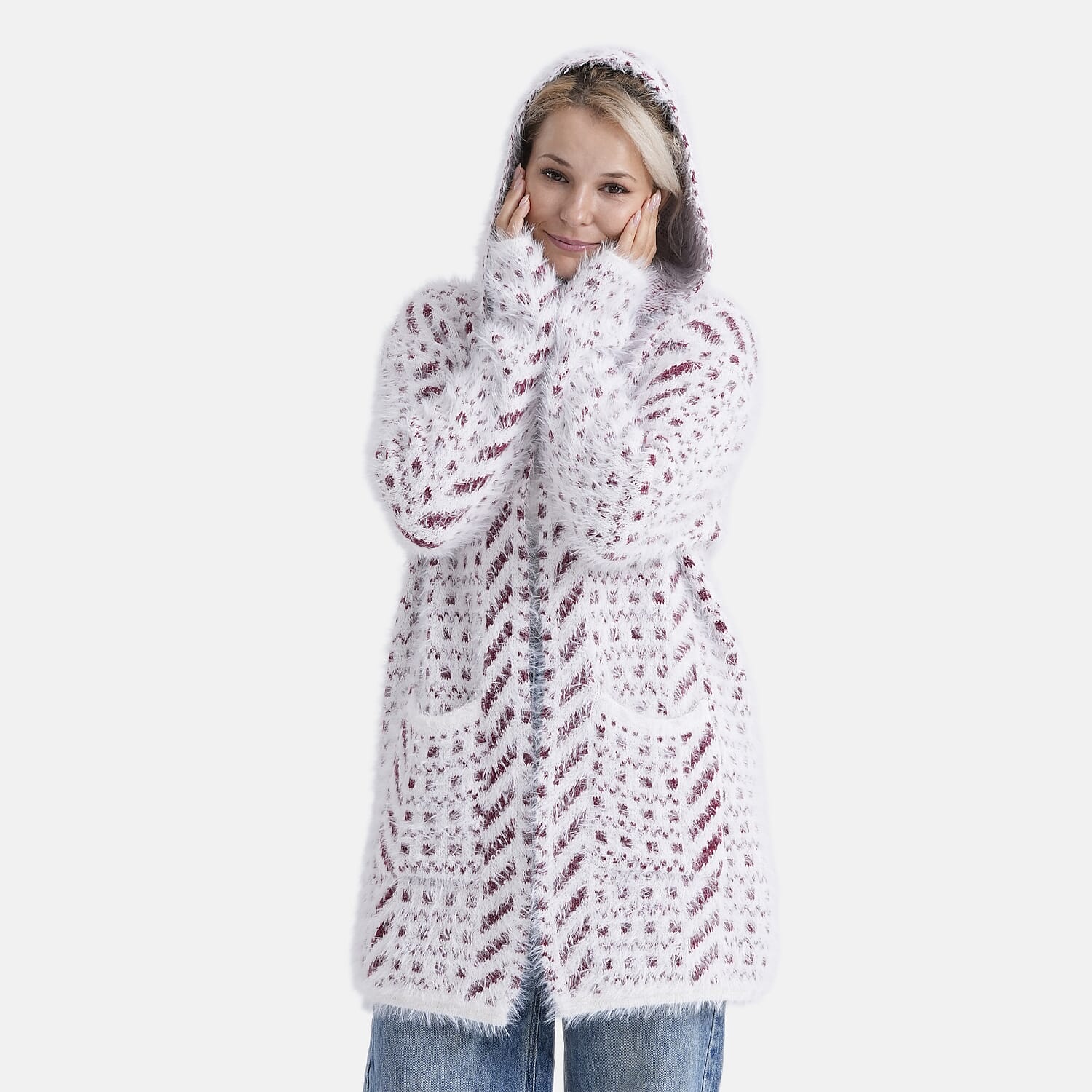 Tamsy Plush Winter Hooded Cardigan with Pockets (Free Size 8-20) - Red and White