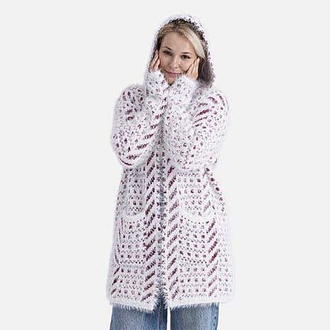 Tamsy Plush Winter Hooded Cardigan with Pockets (Free Size 8-20) - Red and White