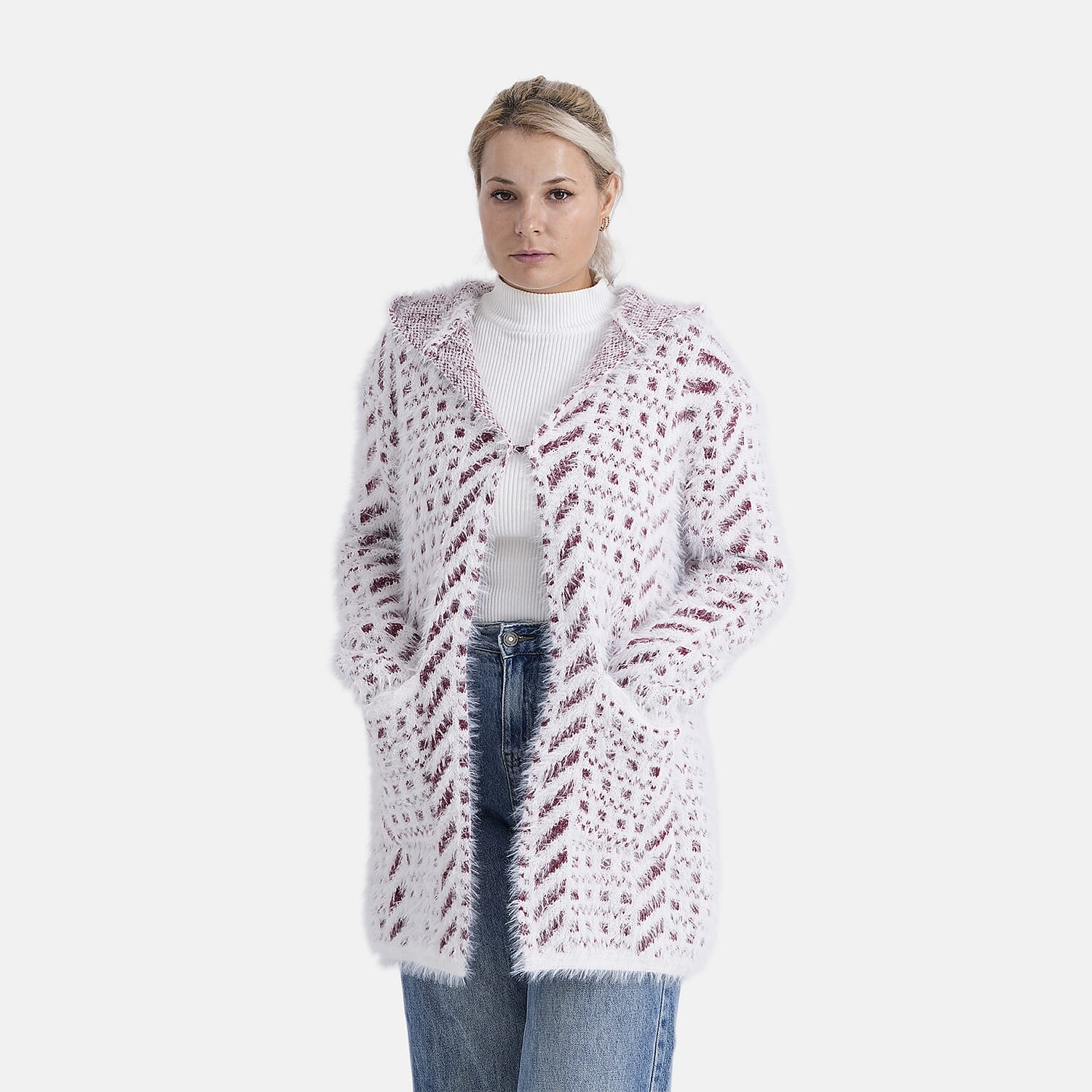 Tamsy Plush Winter Hooded Cardigan with Pockets (Free Size 8-20) - Red and White