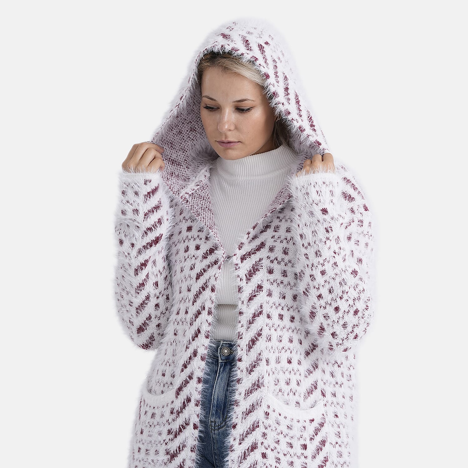 Tamsy Plush Winter Hooded Cardigan with Pockets (Free Size 8-20) - Red and White