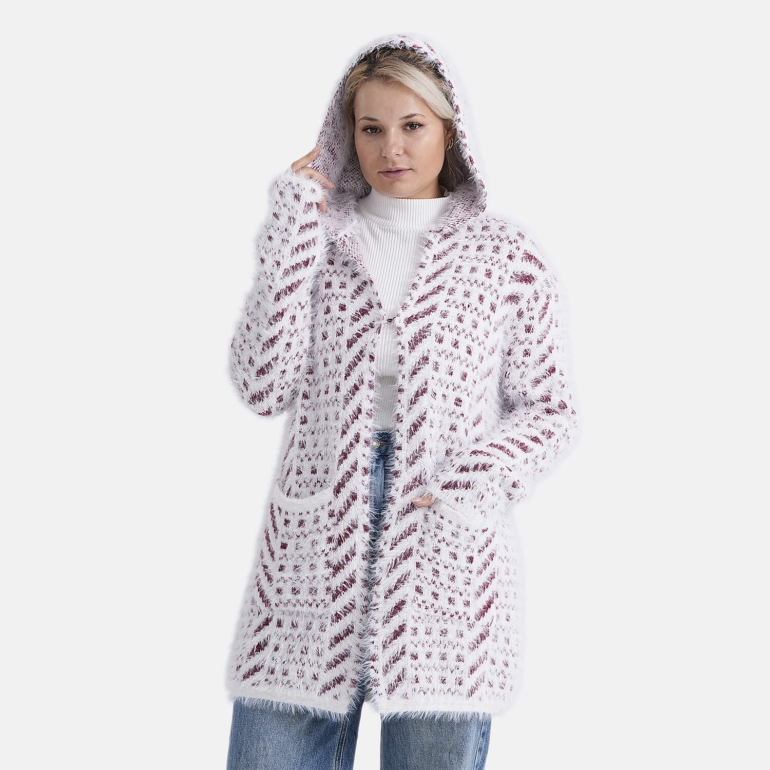 Tamsy Plush Winter Hooded Cardigan with Pockets (Free Size 8-20) - Red and White