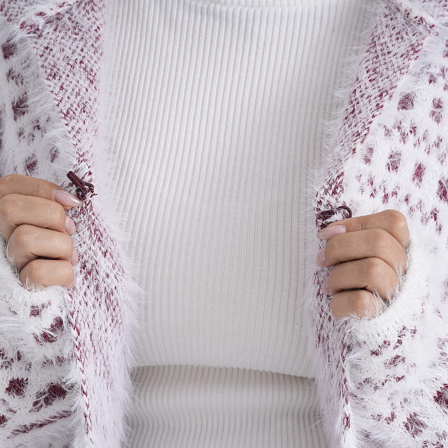 Tamsy Plush Winter Hooded Cardigan with Pockets (Free Size 8-20) - Red and White