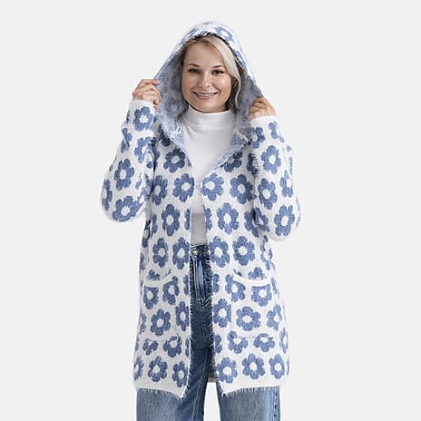 Tamsy Plush Winter Hooded Cardigan with Pockets (Free Size 8-20) - Blue and White