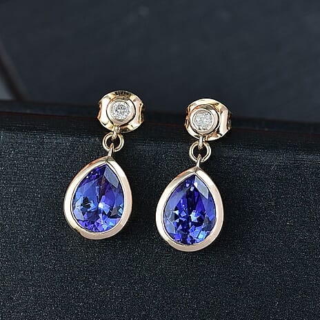 9K Yellow Gold AAA Tanzanite, White Diamond I3 Dangling Earring, Gold Wt.2.2 Gms  3.700  Ct.