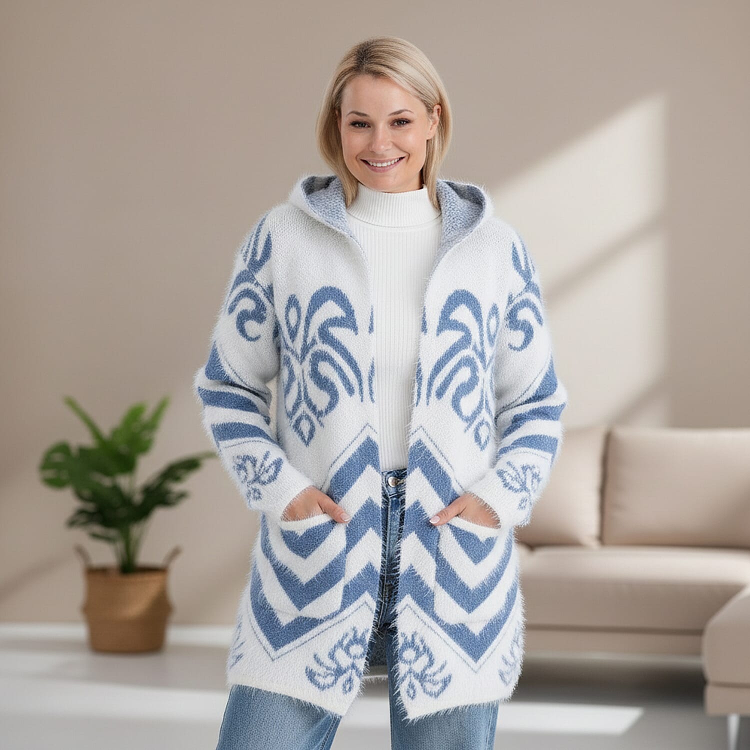 Tamsy Winter Womens Coatigan Hoodie with Pockets (Free Size, Fits 8 - 20) -  Blue