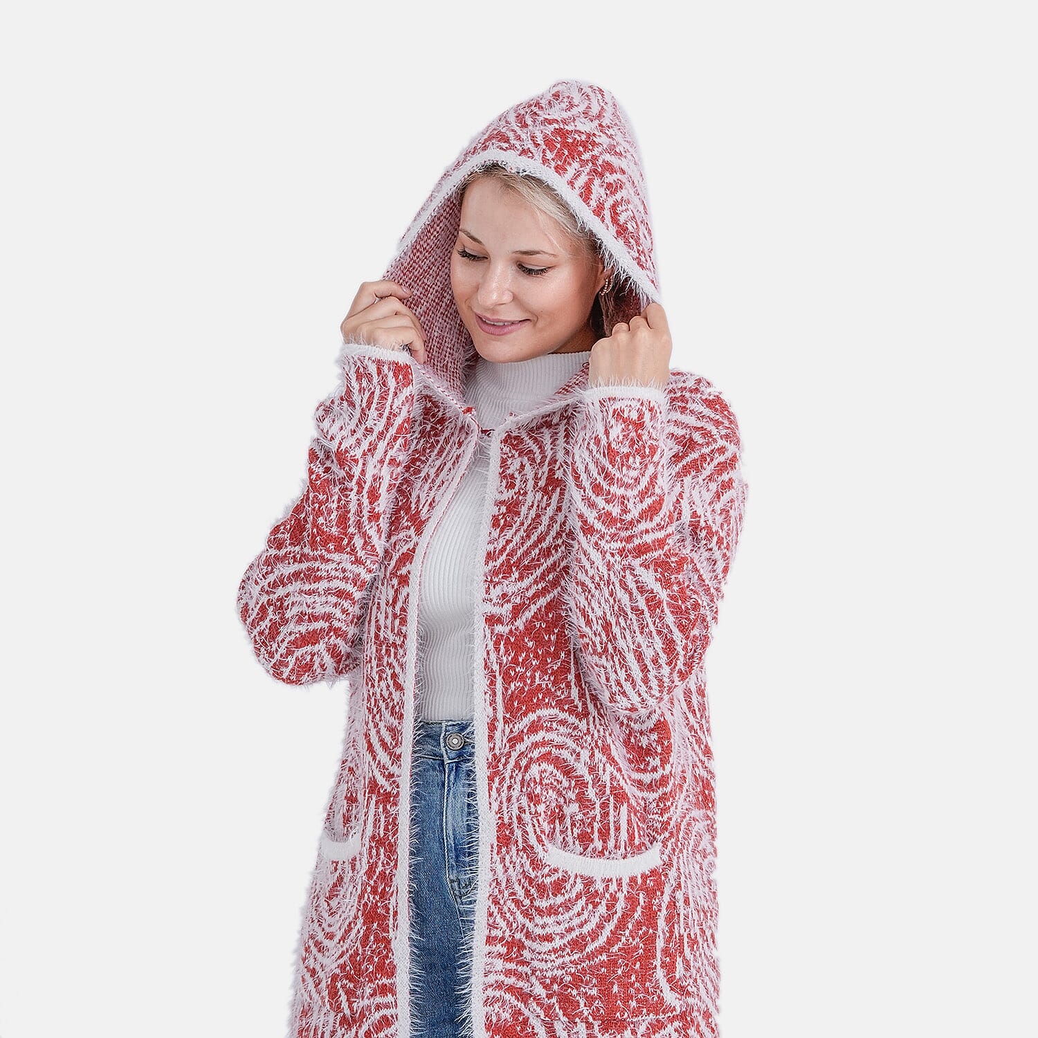 Tamsy Winter Womens Coatigan Hoodie with Pockets (Free Size, Fits 8 - 20) - Red