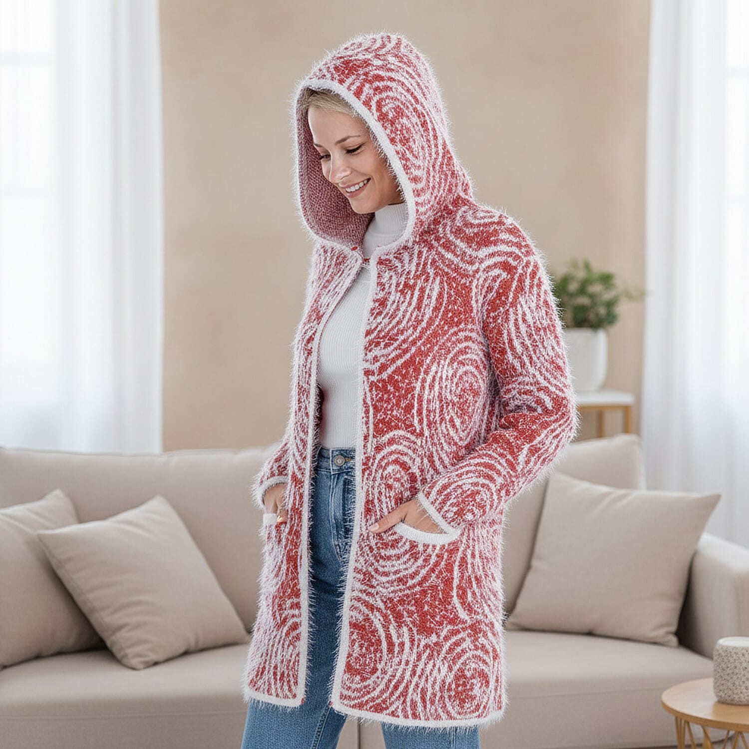 Tamsy Winter Womens Coatigan Hoodie with Pockets (Free Size, Fits 8 - 20) - Red