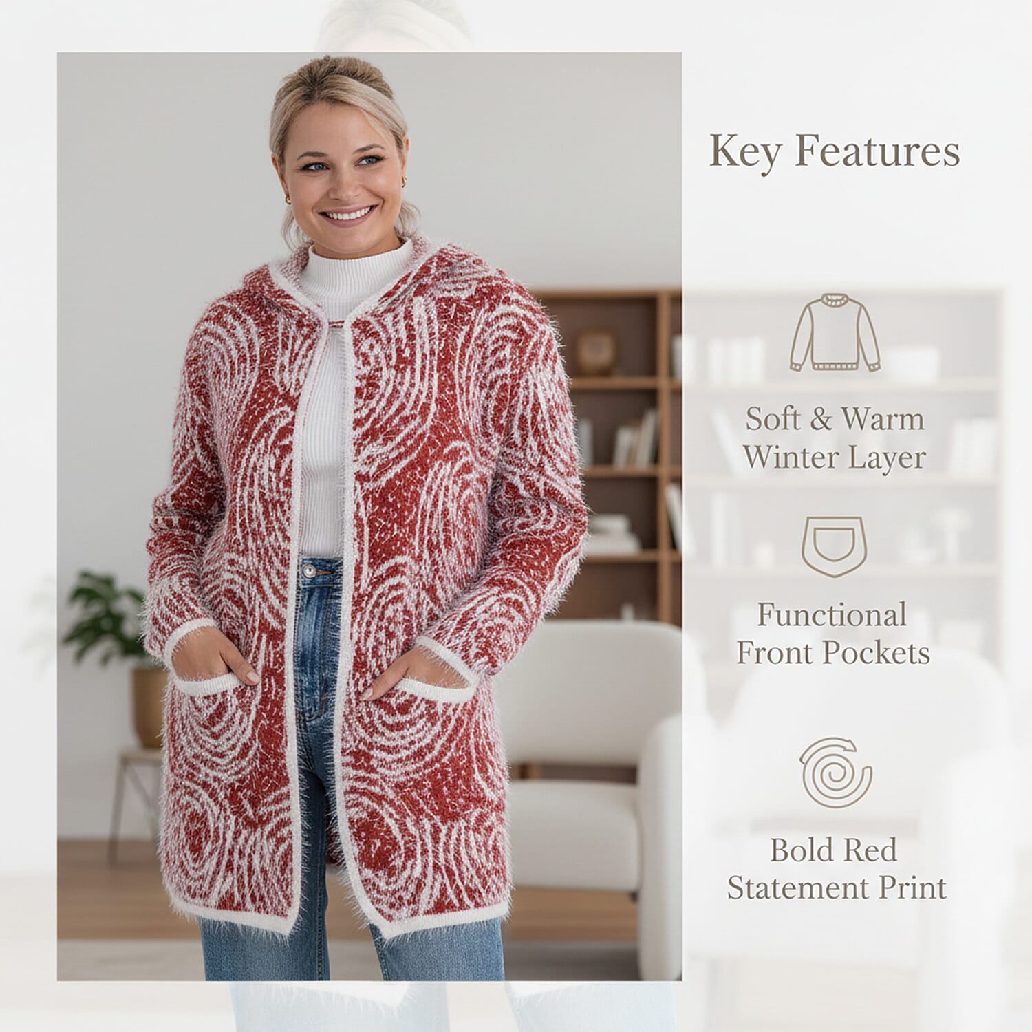 Tamsy Winter Womens Coatigan Hoodie with Pockets (Free Size, Fits 8 - 20) - Red