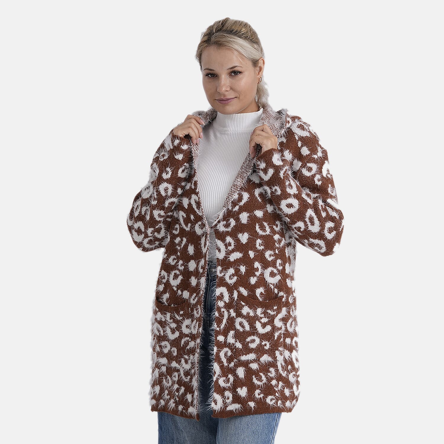 Tamsy Leopard Print Winter Hoodie with Pockets (Free Size, Fits 8 - 20) - Brown & White