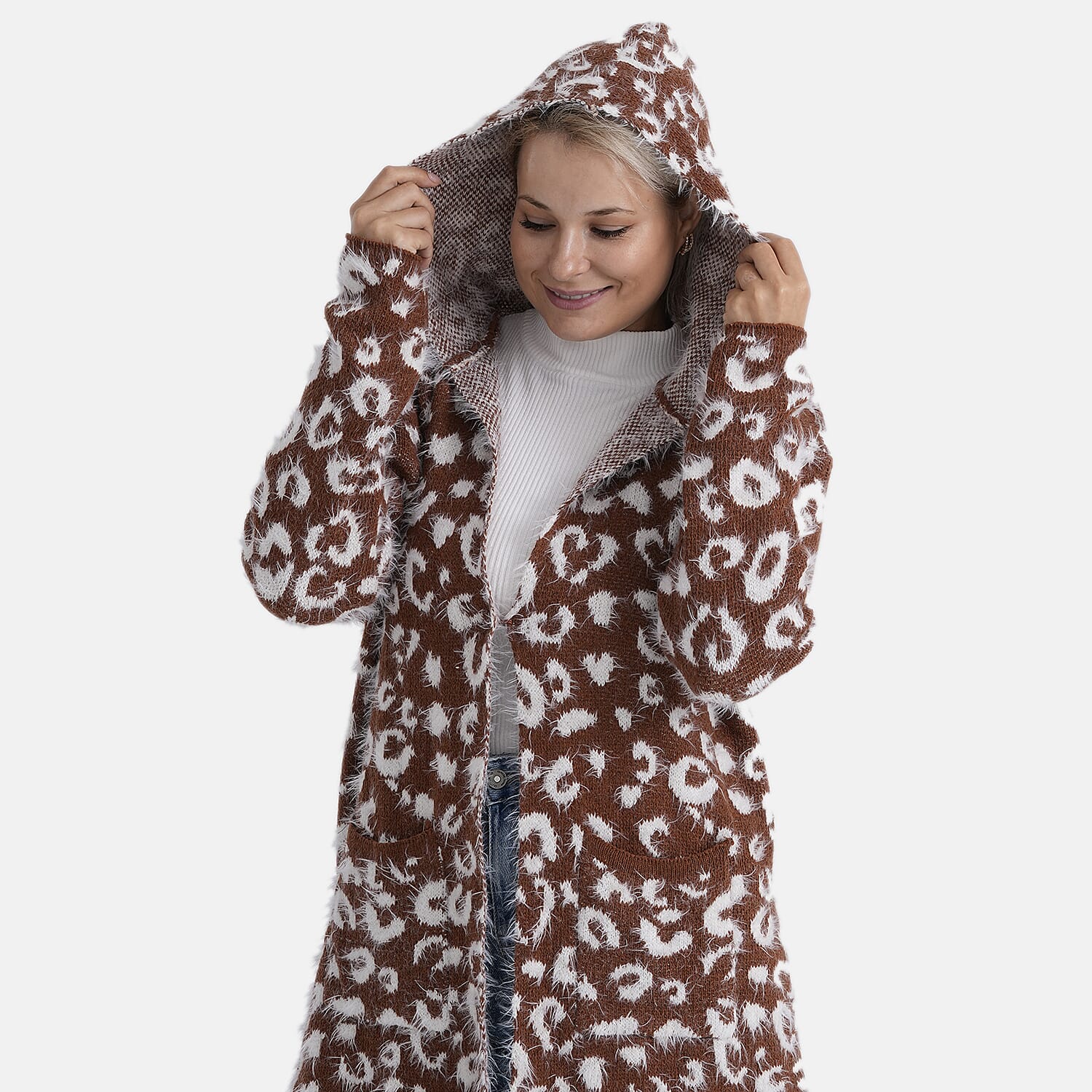 Tamsy Leopard Print Winter Hoodie with Pockets (Free Size, Fits 8 - 20) - Brown & White
