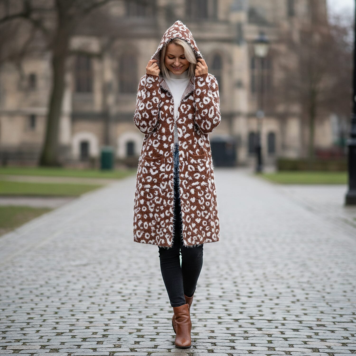 Tamsy Leopard Print Winter Hoodie with Pockets (Free Size, Fits 8 - 20) - Brown & White