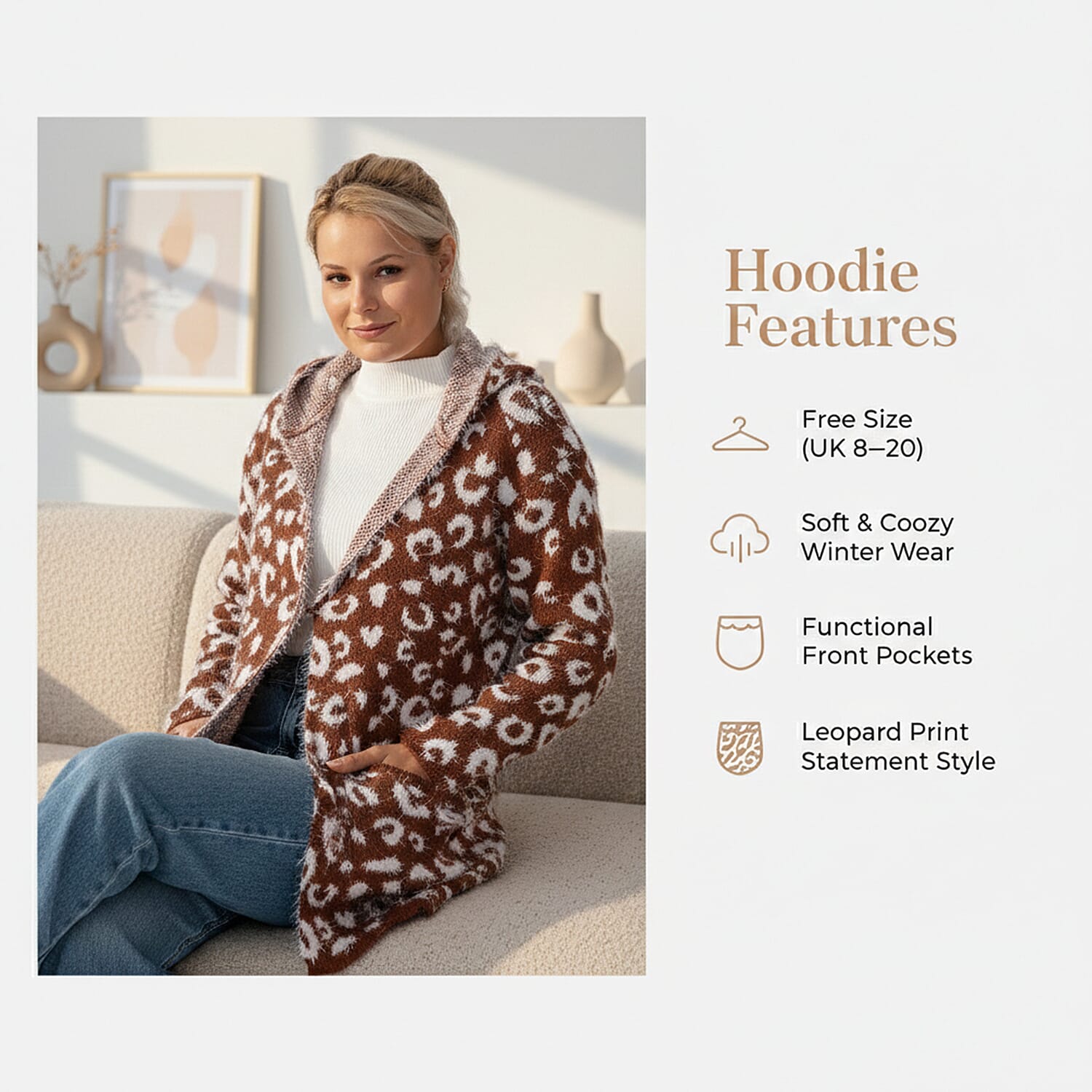 Tamsy Leopard Print Winter Hoodie with Pockets (Free Size, Fits 8 - 20) - Brown & White