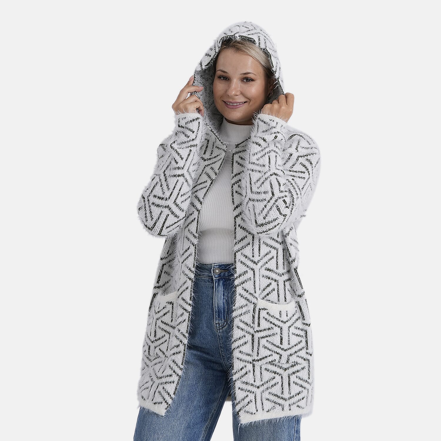 Tamsy Winter Hoodie with Pockets (Free Size, Fits 8 - 20) - Dark Green & White