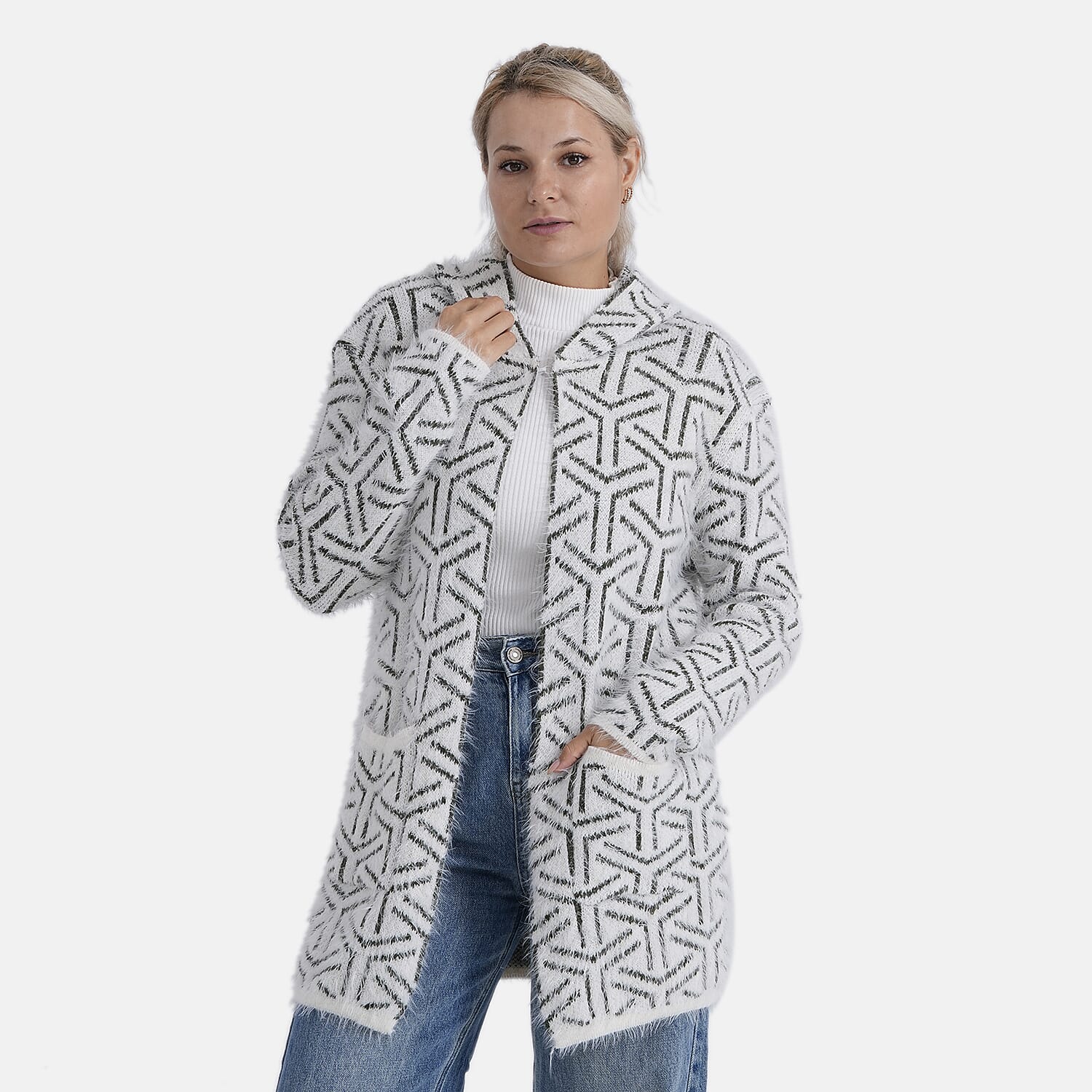 Tamsy Winter Hoodie with Pockets (Free Size, Fits 8 - 20) - Dark Green & White