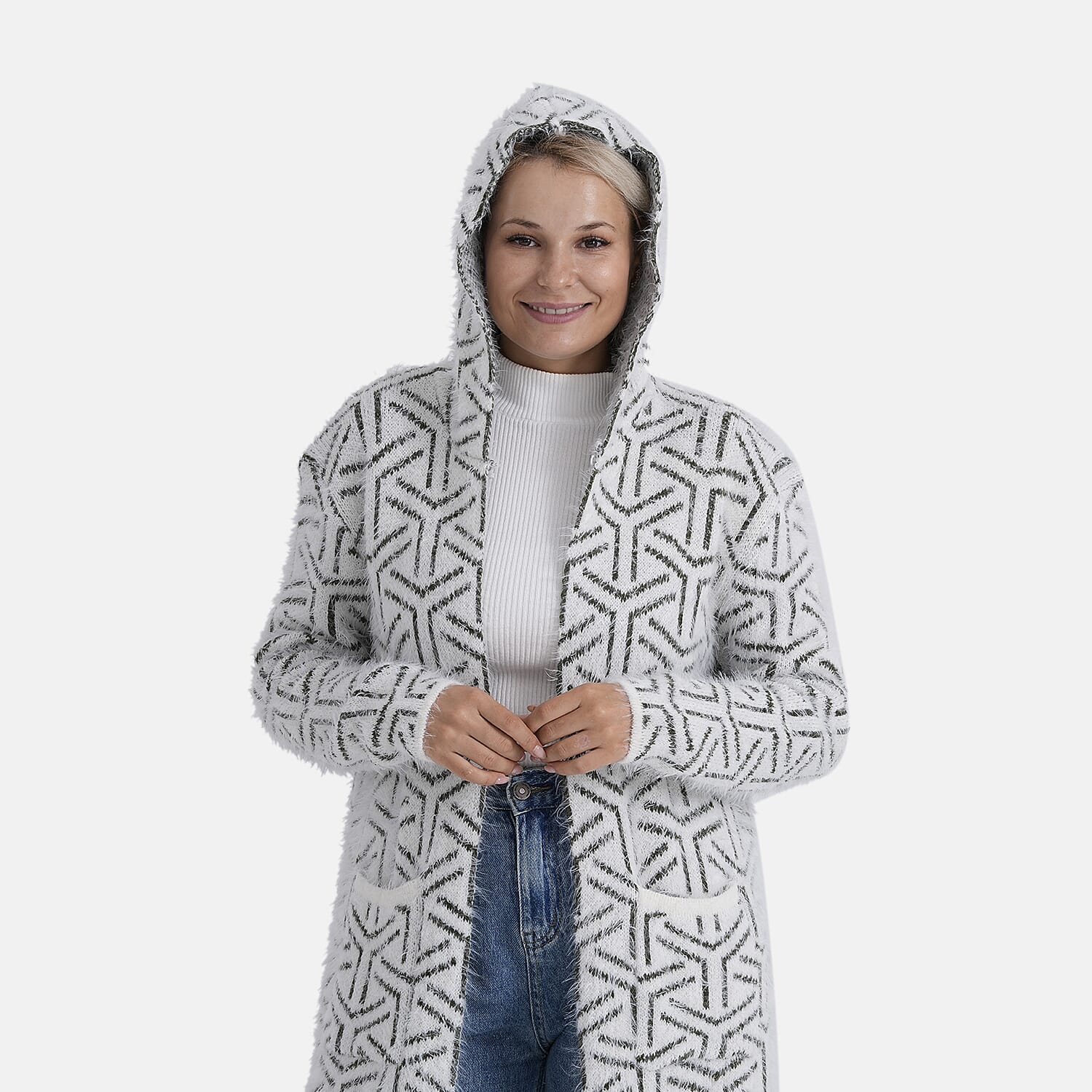 Tamsy Winter Hoodie with Pockets (Free Size, Fits 8 - 20) - Dark Green & White