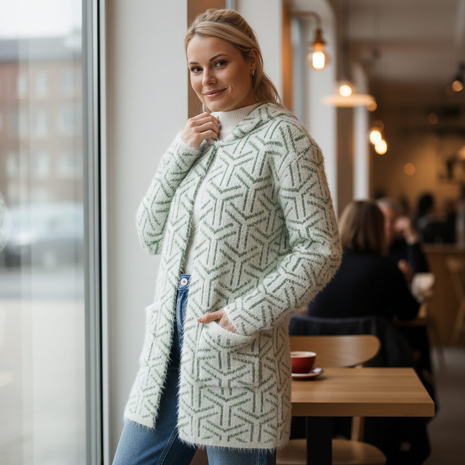 Tamsy Winter Hoodie with Pockets (Free Size, Fits 8 - 20) - Dark Green & White