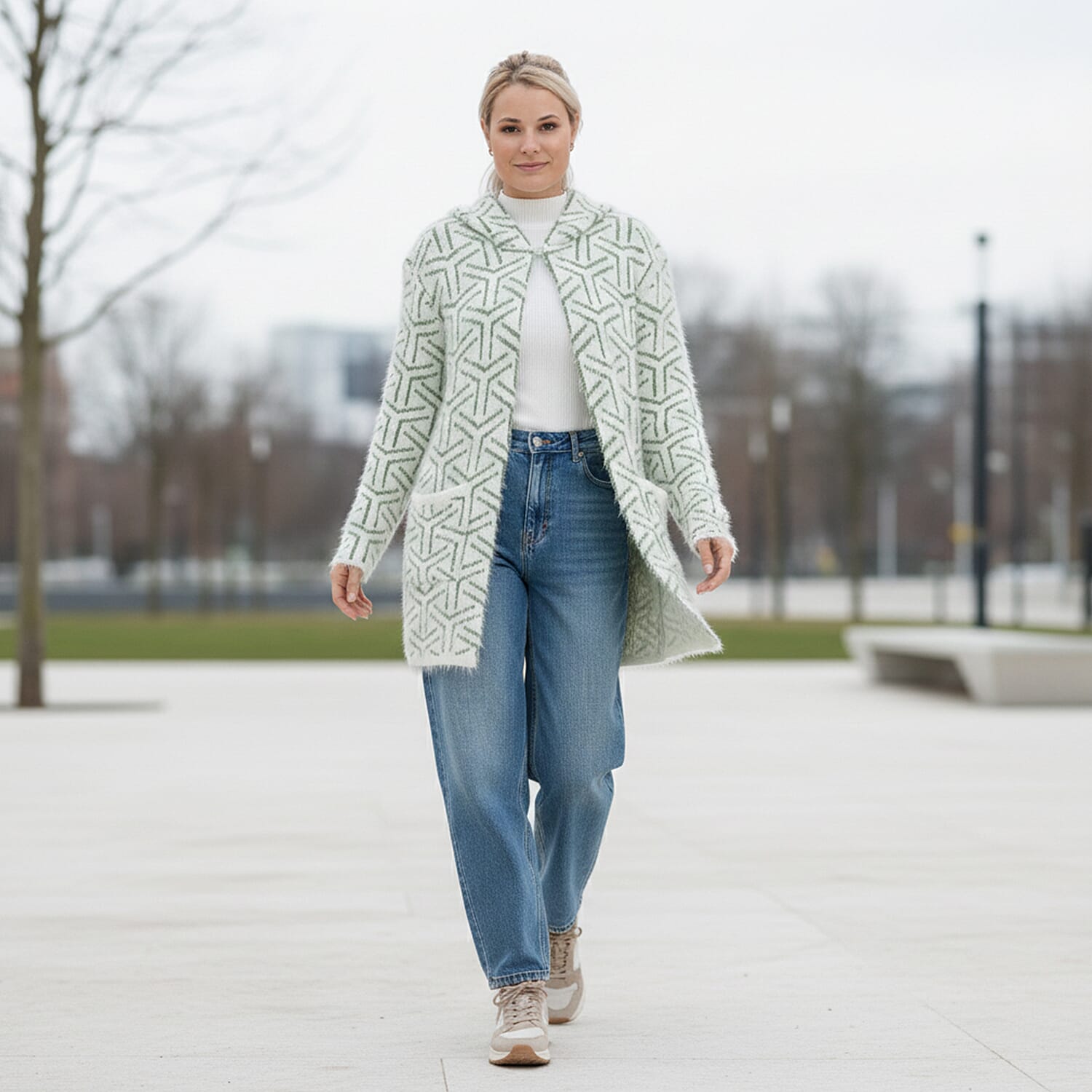 Tamsy Winter Hoodie with Pockets (Free Size, Fits 8 - 20) - Dark Green & White