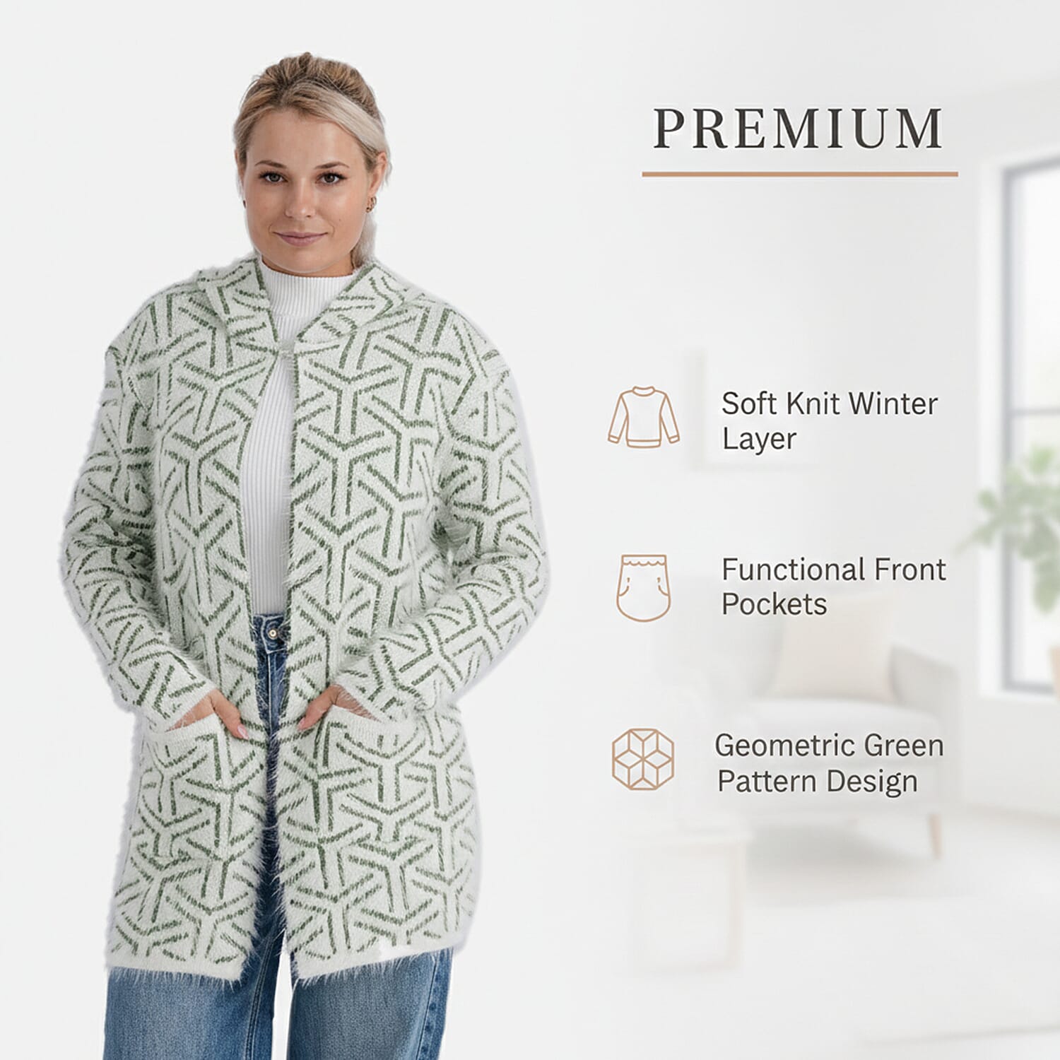 Tamsy Winter Hoodie with Pockets (Free Size, Fits 8 - 20) - Dark Green & White