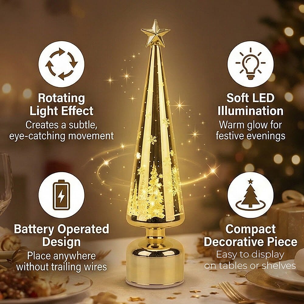 Rotating LED Christmas Tree Light - 3 x AA Battery-Operated (not included) - Gold