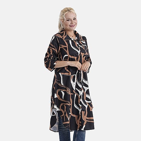 - Maisi Womens Long Half-Sleeved Button-Down Shirt (Size - S-M) - Black - Brown