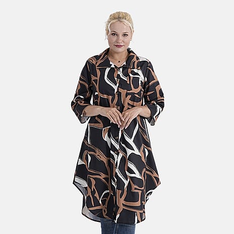 - Maisi Womens Long Half-Sleeved Button-Down Shirt (Size - S-M) - Black - Brown