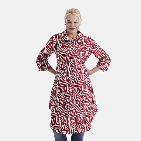 - Maisi Womens Long Half-Sleeved Button-Down Shirt (Size - L-XL) - Red - Off-White