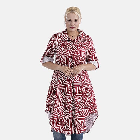 - Maisi Womens Long Half-Sleeved Button-Down Shirt (Size - L-XL) - Red - Off-White