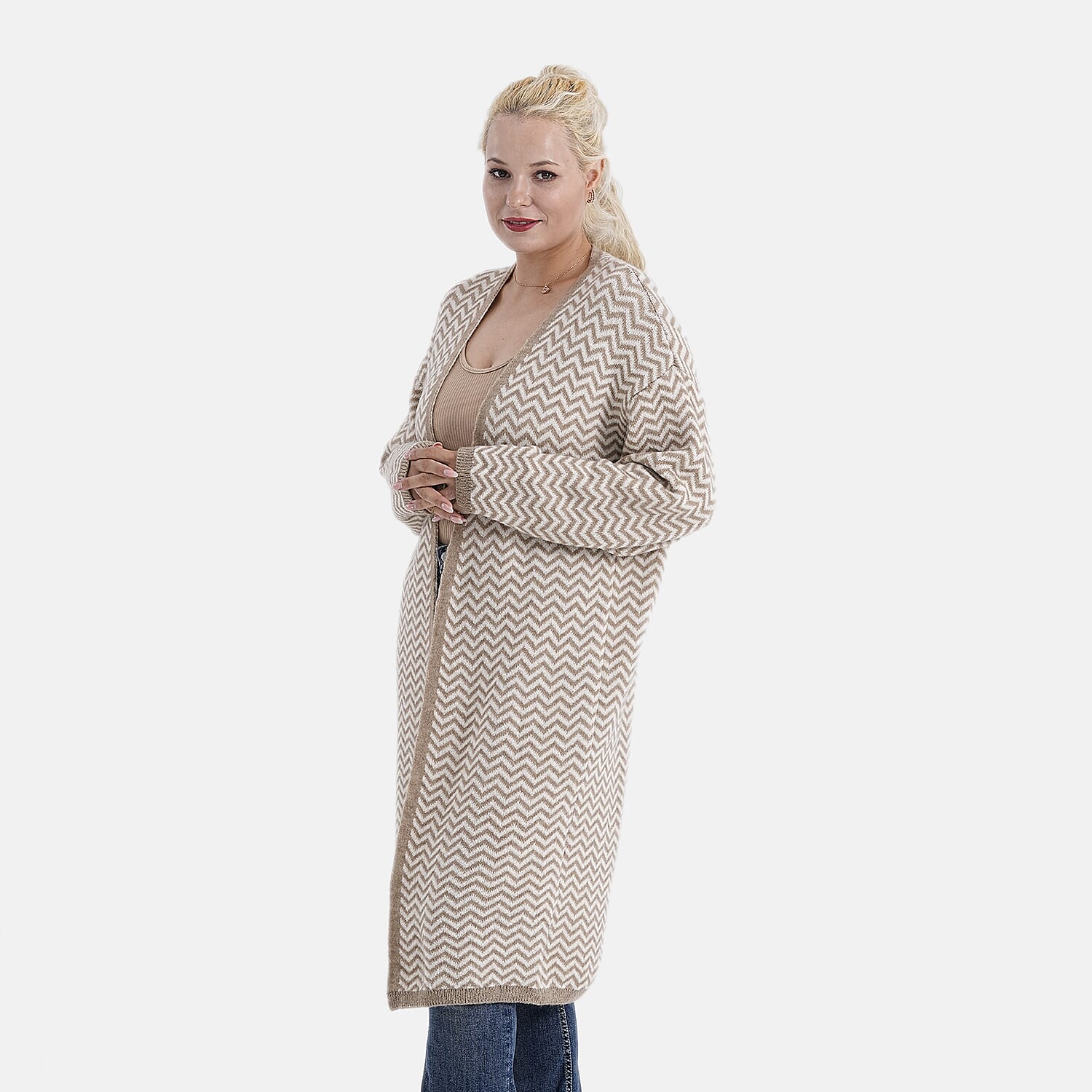 La Marey Long Cardigan (Size 95x60 Cm) - Beige & Off-White