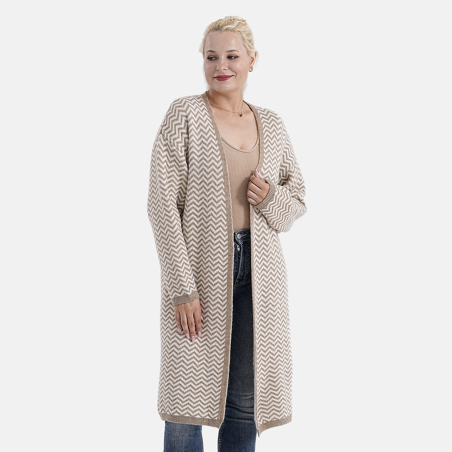 La Marey Long Cardigan (Size 95x60 Cm) - Beige & Off-White