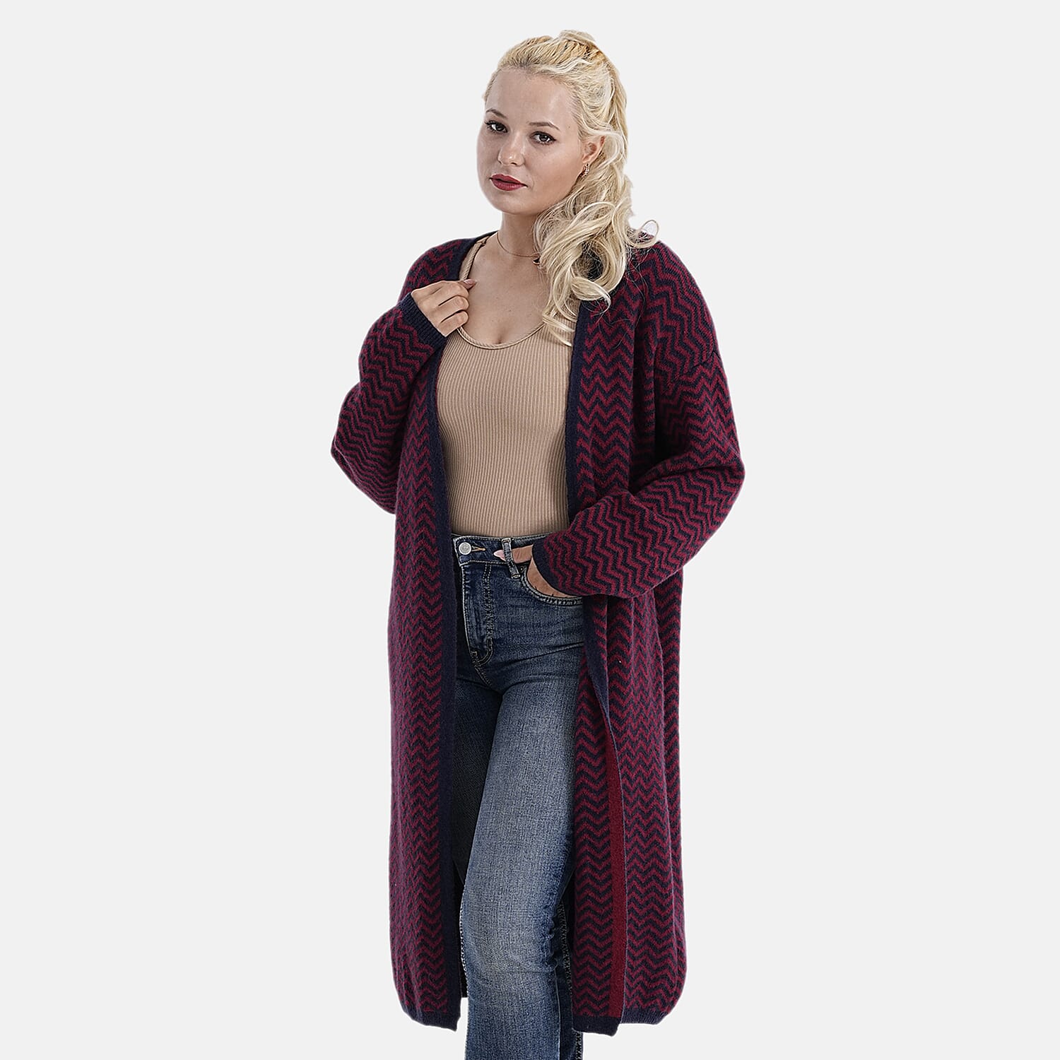 La Marey Long Cardigan (Size 95x60 Cm) - Red & Navy