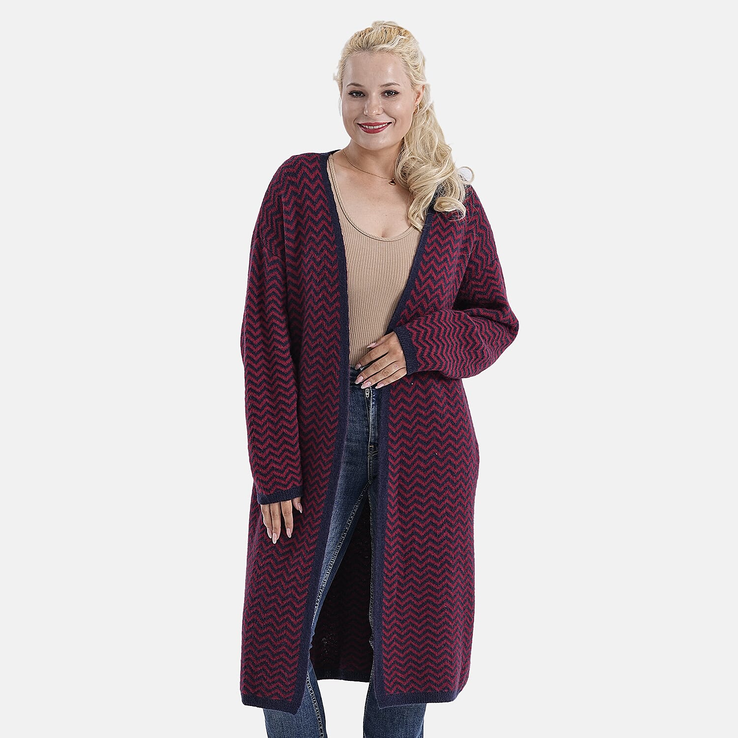 La Marey Long Cardigan (Size 95x60 Cm) - Red & Navy