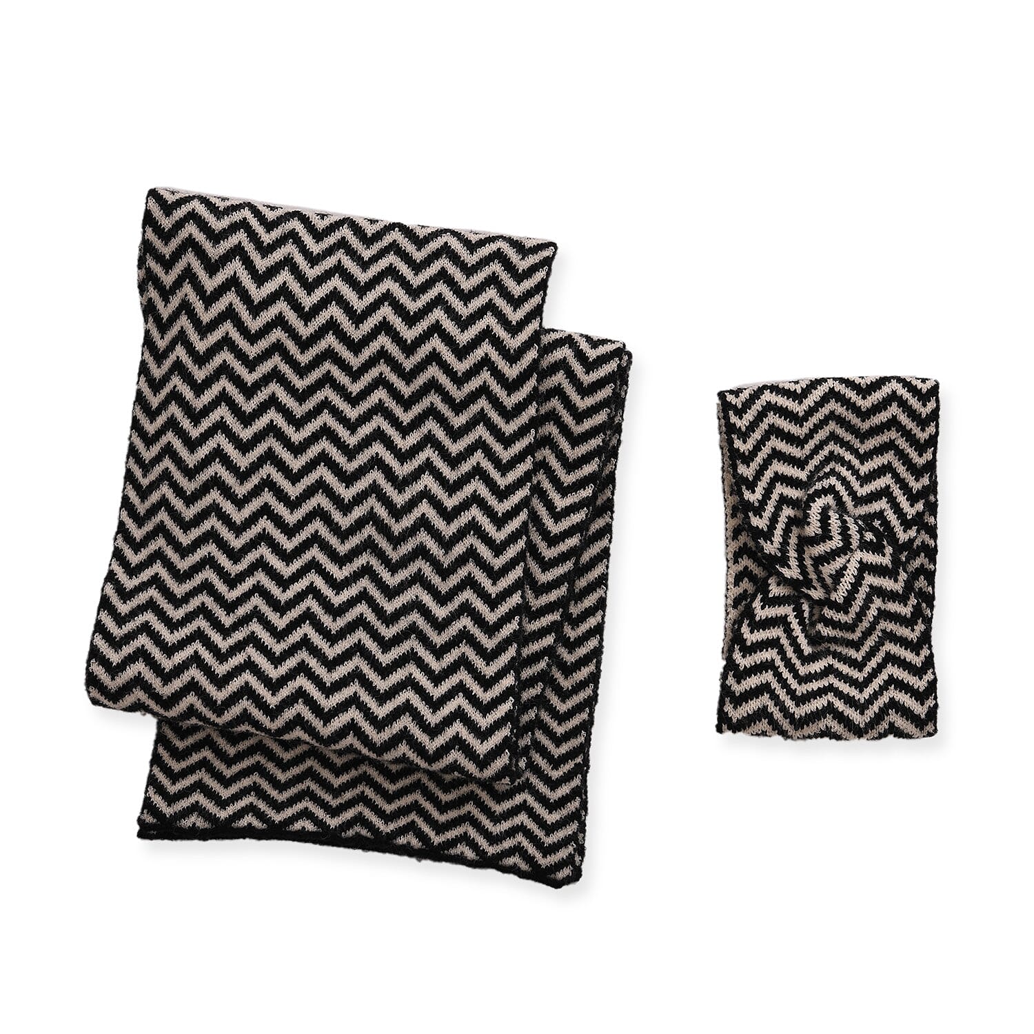 Stylish Knit Scarf & Headband Set - Black & Off-White