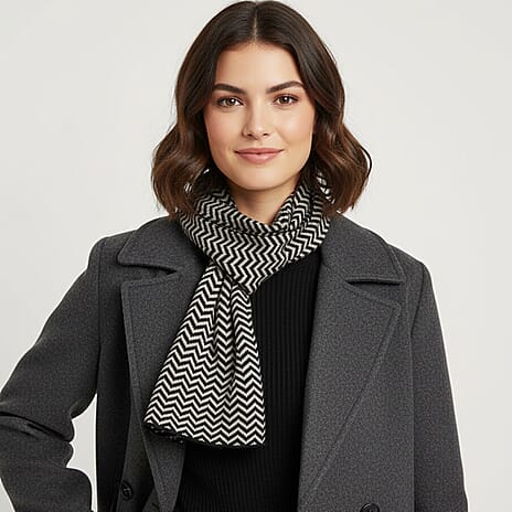 Stylish Knit Scarf & Headband Set - Black & Off-White