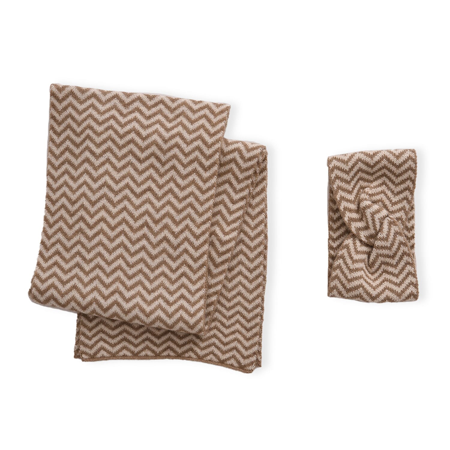 Stylish Knit Scarf & Headband Set - Beige & Off-White