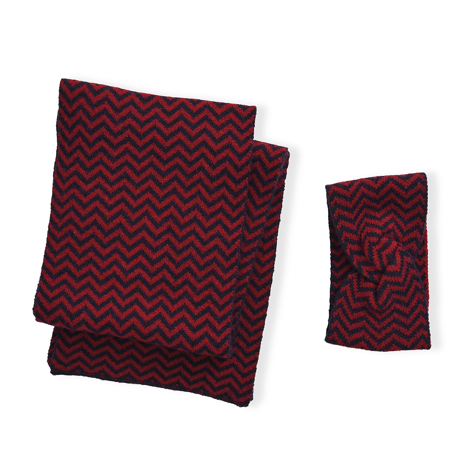 Stylish Knit Scarf & Headband Set - Red & Navy