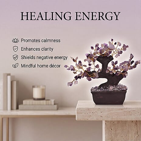 LIVMORE Handcrafted 150 Amethyst Gemstone Bonsai Feng Shui Tree (30.48 cm) - Purple